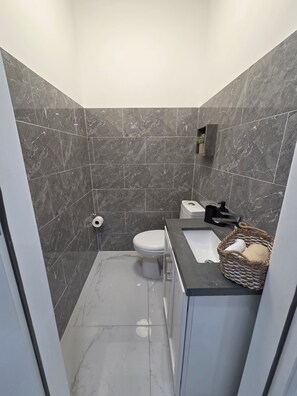 A bathroom with a toilet, sink, and shower area. - Charisma Airbnb (Kingston)