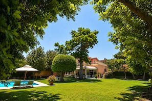 A well-maintained garden with a swimming pool, lounge chairs, and a neatly trimmed hedge.