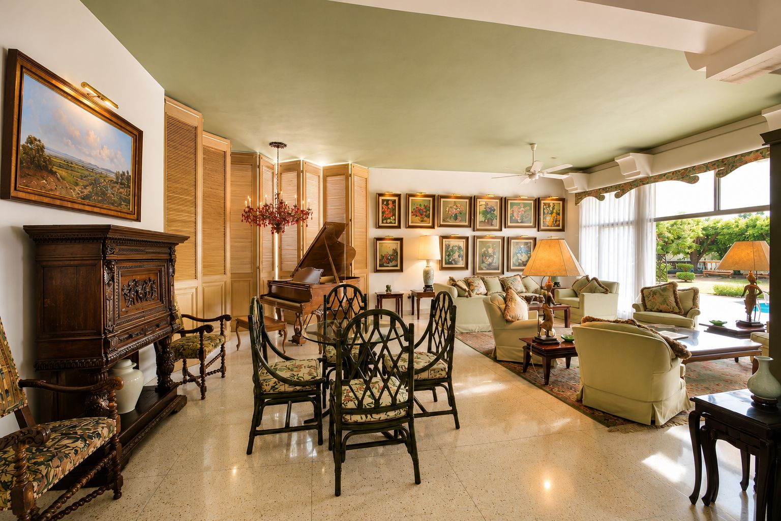 A spacious living room with a grand piano, a dining area with ornate furniture, and a large window offering a view of the outdoors.