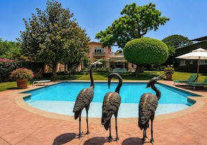 A swimming pool with three statues of birds, surrounded by a well-maintained garden and a building in the background.