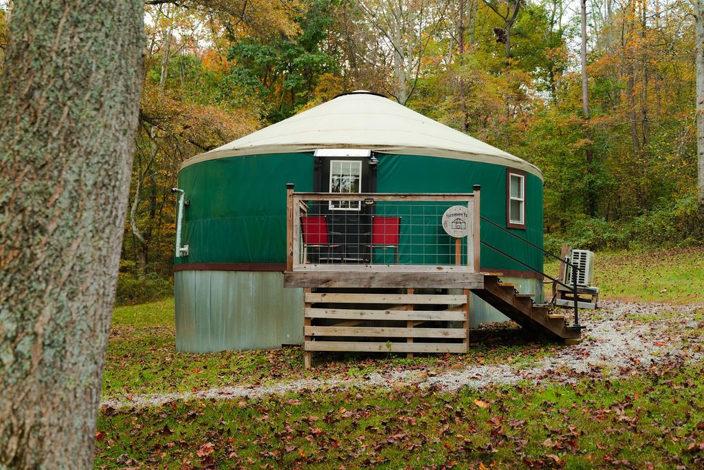 A green yurt with a wooden ramp leading to a door, surrounded by trees and a gravel path.