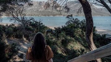 A person standing on a wooden deck overlooking a beach with a mountainous backdrop.