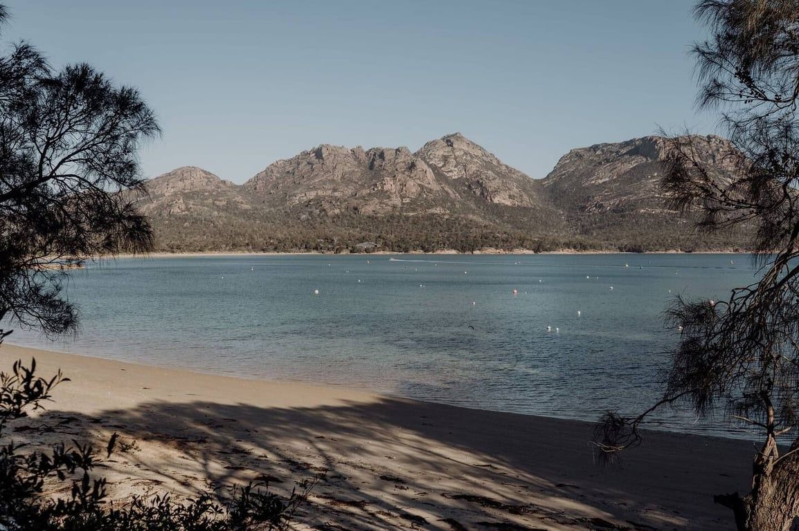 A beach with clear water, mountains in the background, and sparse vegetation.