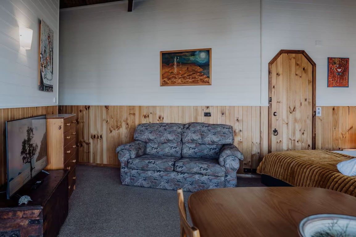 Una habitación con pared de paneles de madera, un sofá, una cama y un televisor.