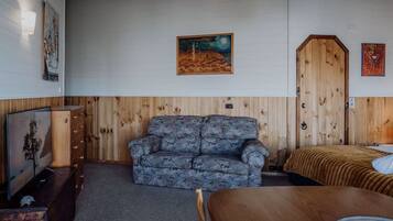 Una habitación con pared de paneles de madera, un sofá, una cama y un televisor.