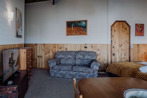 A room with a wooden panel wall, a sofa, a bed, and a television.
