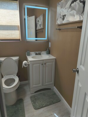 A bathroom with a toilet, sink, mirror, and a door. - Furnished 2BR/2BA Houston Home - Gated Parking (Houston)