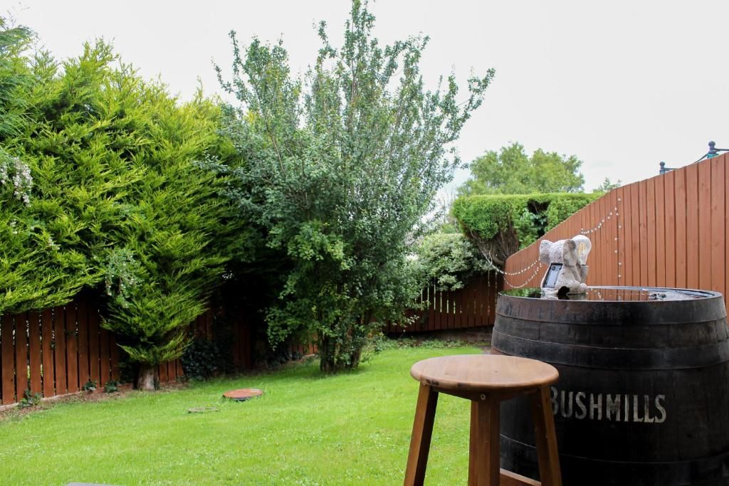 A wooden barrel labeled 'BUSHMILLS' in a backyard with a wooden stool, a tree, and a fence.