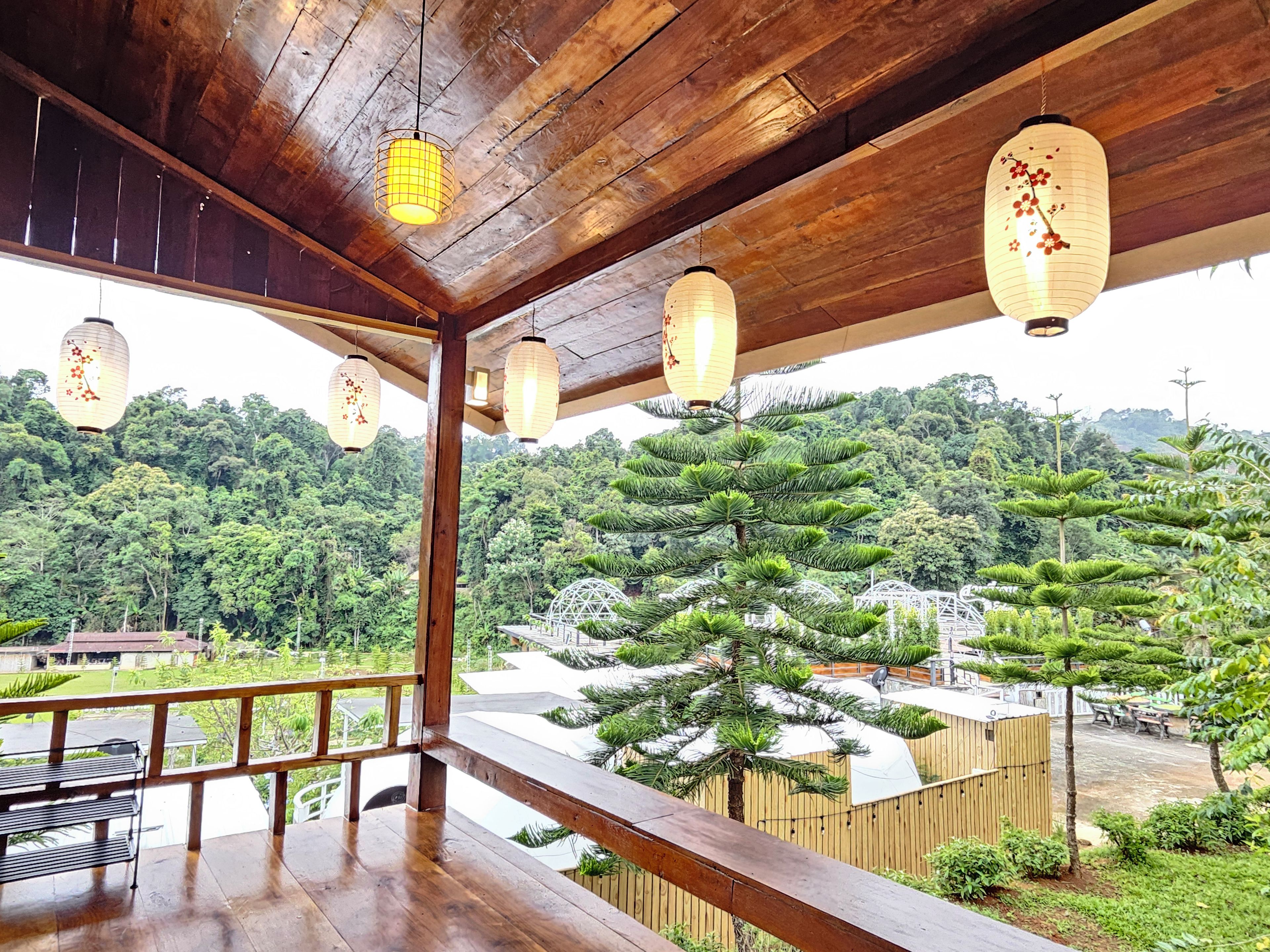 A wooden deck with hanging paper lanterns, overlooking a garden with pine trees and a white structure.