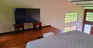 Ein Zimmer mit einem Bett, einem Flachbildfernseher, zwei Nachttischen aus Holz und einem Fenster mit Blick auf Grünflächen.