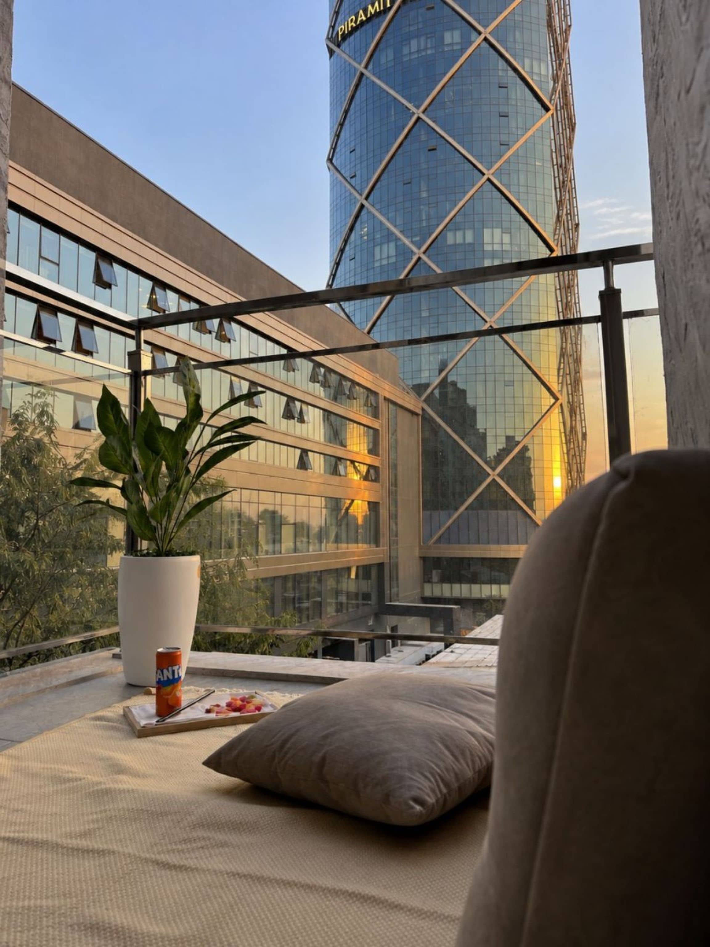 Ein Balkon mit Blick auf ein modernes Gebäude, einem Blumentopf und einer Getränkedose.