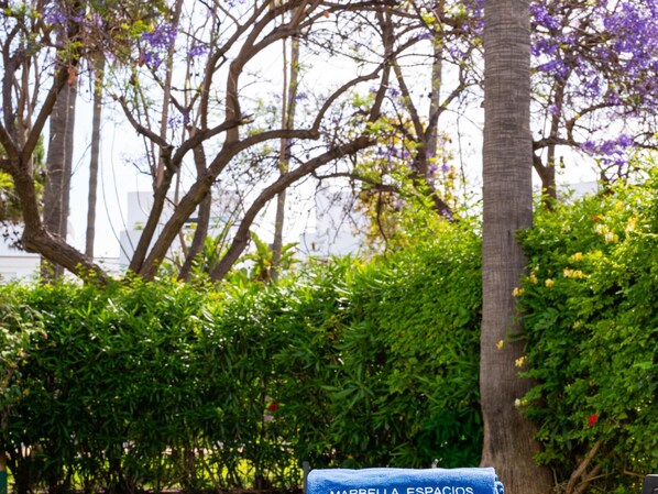 A sign with text, surrounded by dense foliage and trees.