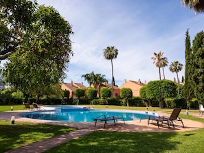 A swimming pool with lounge chairs, surrounded by palm trees and a well-maintained lawn.