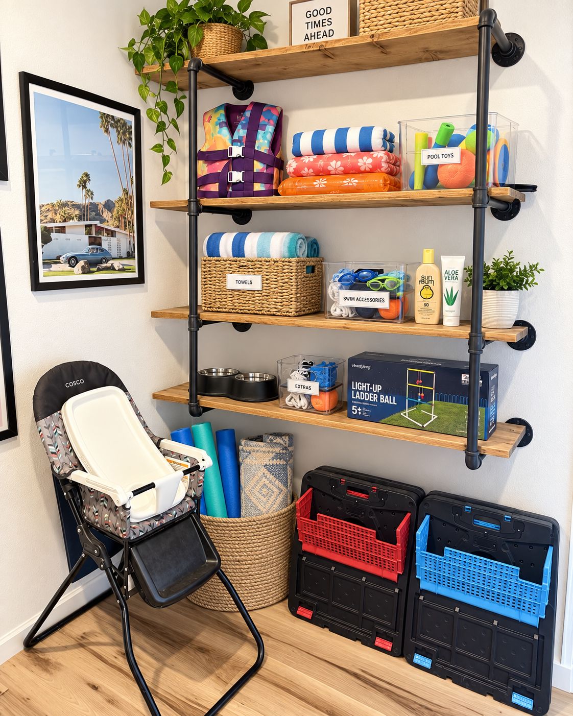 A room with a wall-mounted shelf holding towels, swim accessories, and pool toys. There is a framed picture on the wall, a chair, and storage bins on the floor.