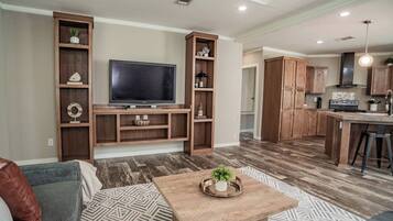 A modern living room with a flat-screen TV, wooden shelving, a coffee table with a plant, and a patterned rug.