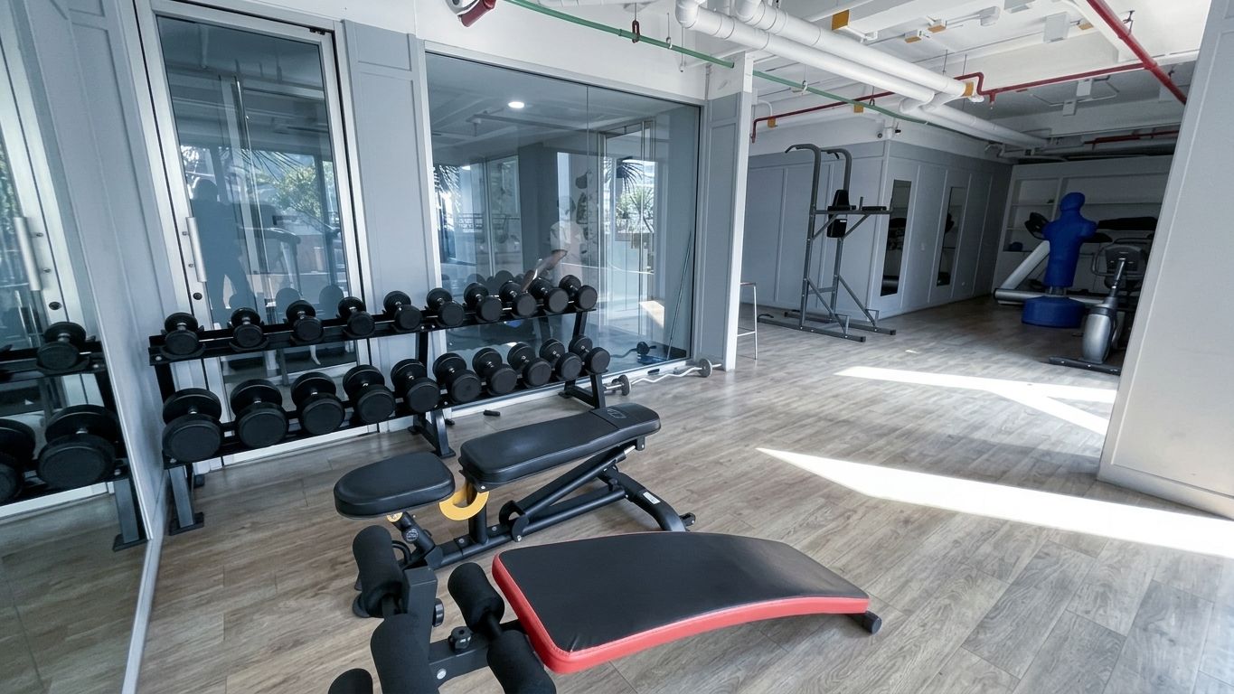 A gym with exercise equipment, including dumbbells and benches.