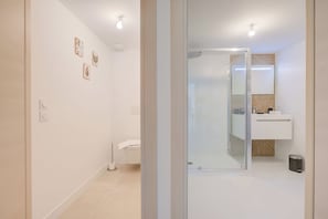 A modern bathroom with a glass shower enclosure, a toilet, and a sink with a mirror above it. - Apt 2 Bedroom - Terrace Near Saint-tropez (Sainte-Maxime)