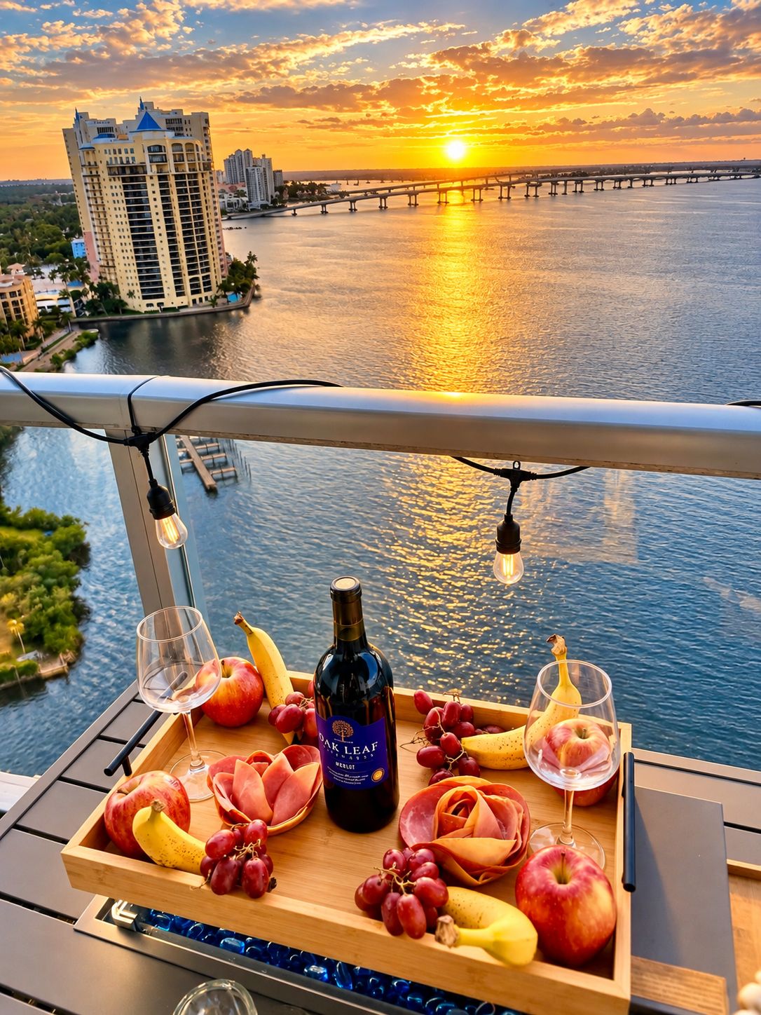 A balcony with a sunset view, a bottle of wine, and a tray of fruits and cheese.