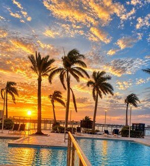 Una piscina con palmeras y vista al atardecer.