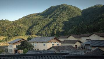 A traditional village with buildings featuring sloped roofs, set against a backdrop of a forested mountain.