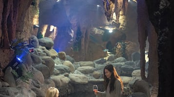 An indoor cave-like setting with a water feature, rocks, and a table with food and drinks.