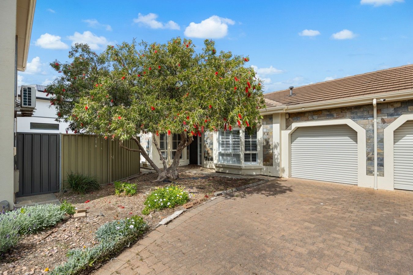 A residential property with a paved driveway, a tree with red flowers, and a garage.