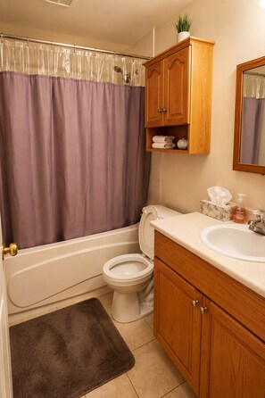 Une salle de bain équipée d’une baignoire, de toilettes et d’un meuble-lavabo avec un évier.