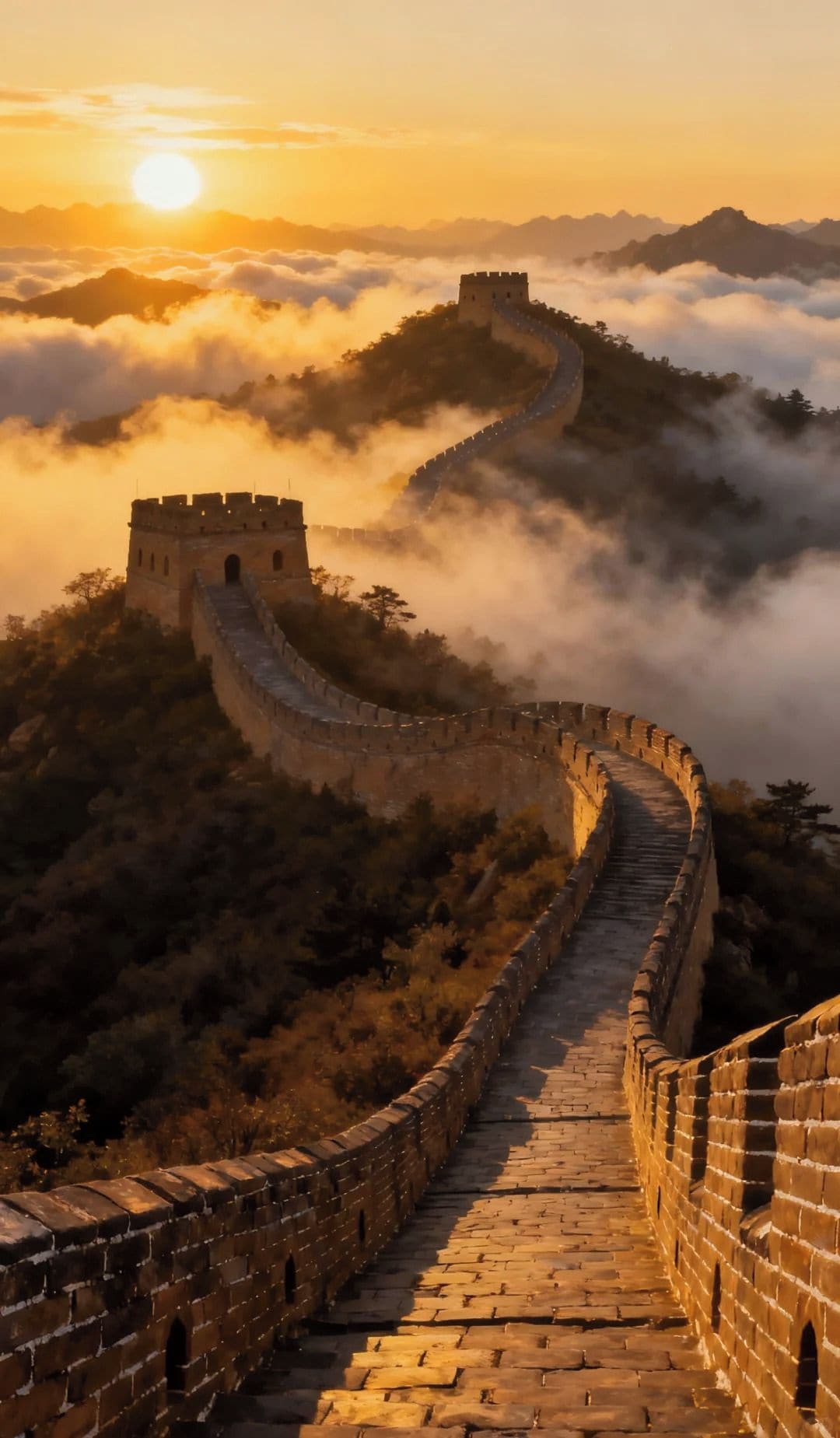 Un muro de piedra histórico con un sendero sinuoso, rodeado de nubes y montañas.