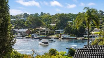 A coastal residential area with houses, a marina, and boats.