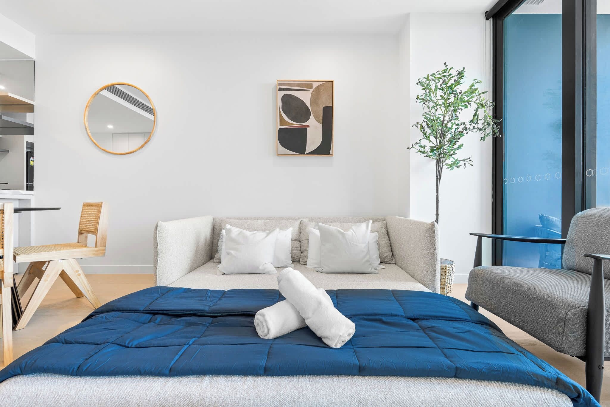 The King Sofa Bed folds out easily into a spacious sleeping area, with comfortable bedding, towels and spare linen provided for additional guests.