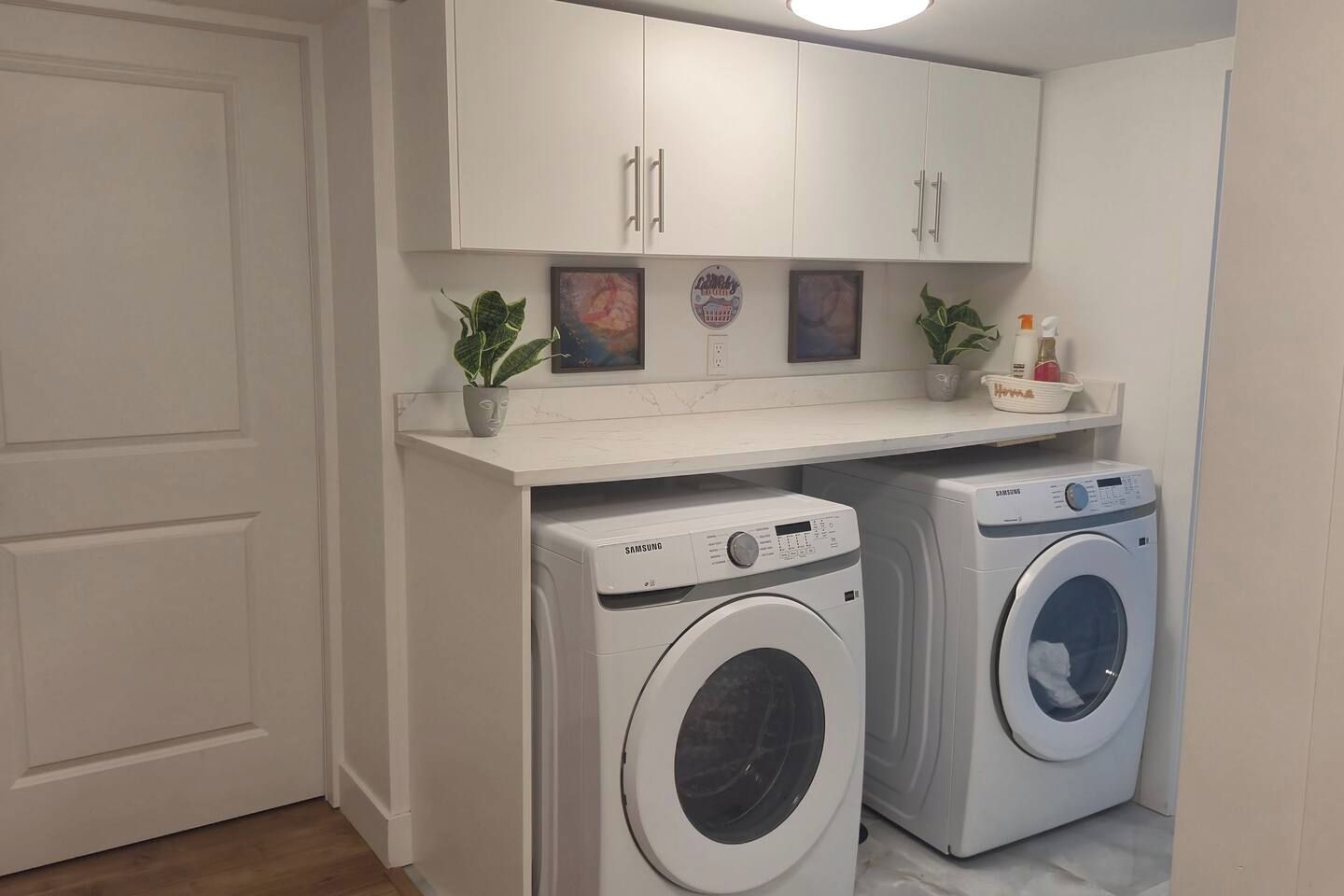 A laundry room with two Samsung washing machines, a countertop with potted plants, and a white door.