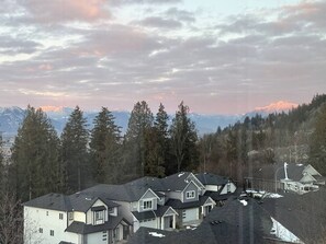 Scenic mountain-view neighborhood framed by trees and glowing sunset skies
