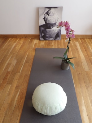 Une pièce avec un plancher en bois, un tapis gris, un coussin blanc et une orchidée en pot.