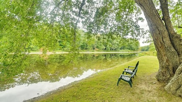 Un banco junto a un lago tranquilo con árboles al fondo.