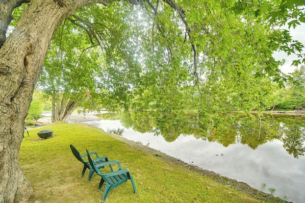 Un cadre paisible au bord du lac, avec un banc et une table de pique-nique à l’ombre d’un grand arbre.