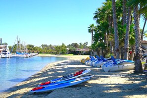 Ein Strand mit angelegten Kajaks, eine Marina mit Booten und Palmen.