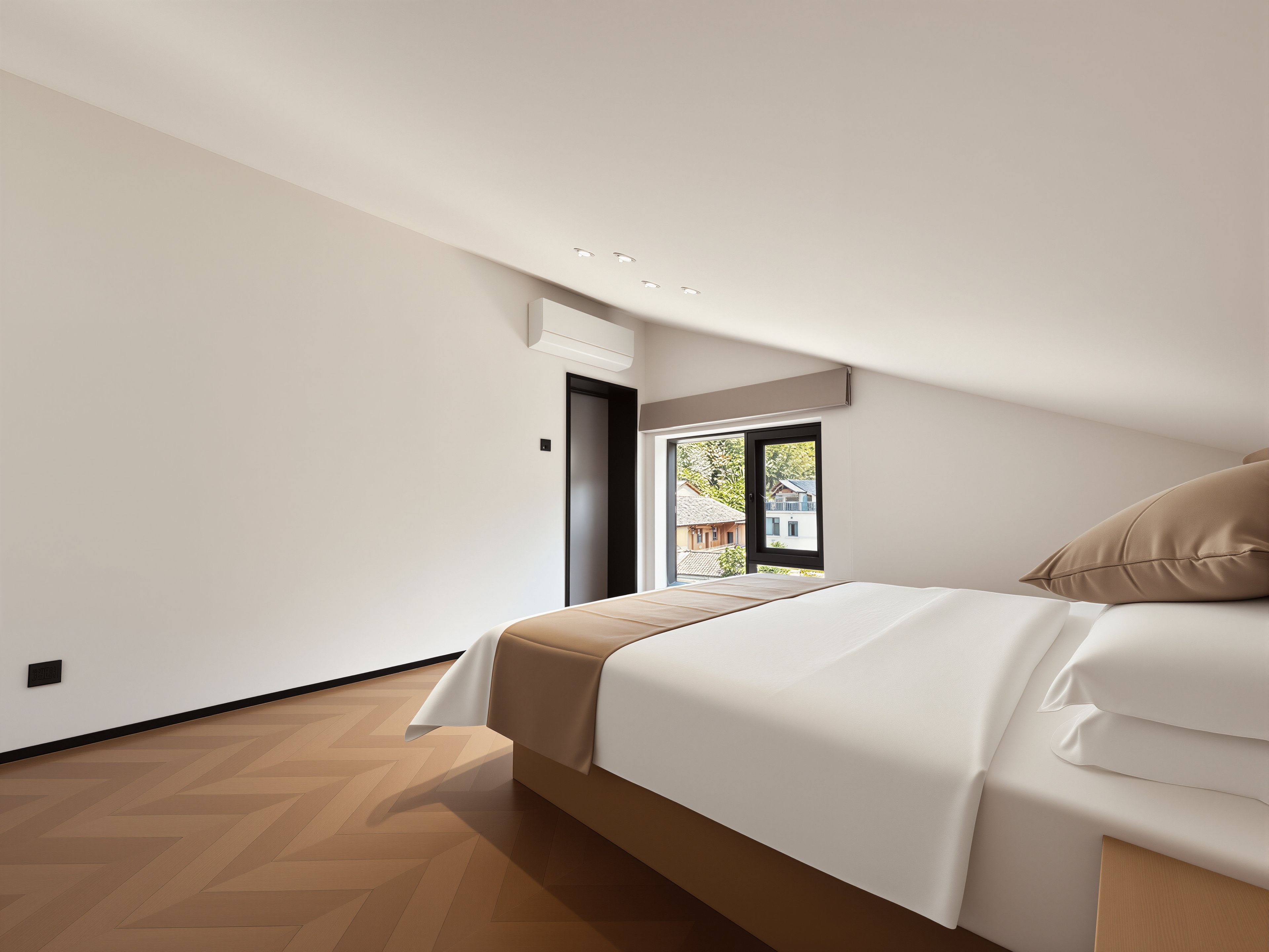 A bedroom with a bed, a window with a view, and a herringbone-patterned floor.
