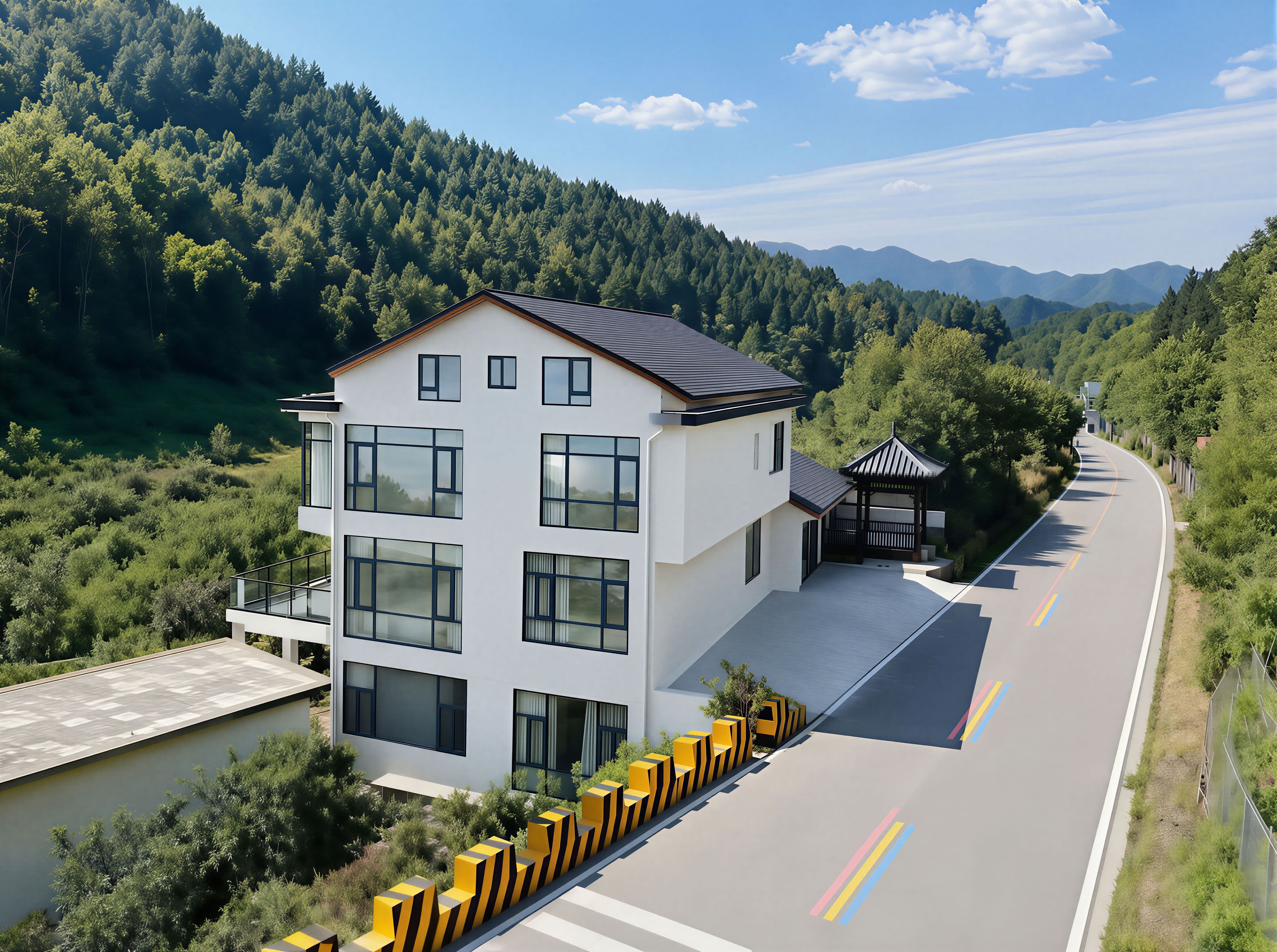 A modern two-story building with large windows and a flat roof, situated beside a road with a guardrail and a clear view of a forested mountain range.
