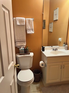Ein Badezimmer mit Toilette, Waschbecken und Spiegel. Handtücher hängen an einem Ablagegestell und ein Korb steht auf dem WC-Tank.