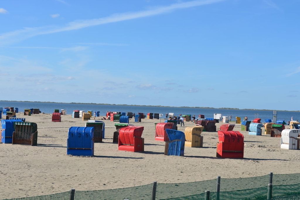 A beach with numerous colorful containers, likely for storage or as part of an event.