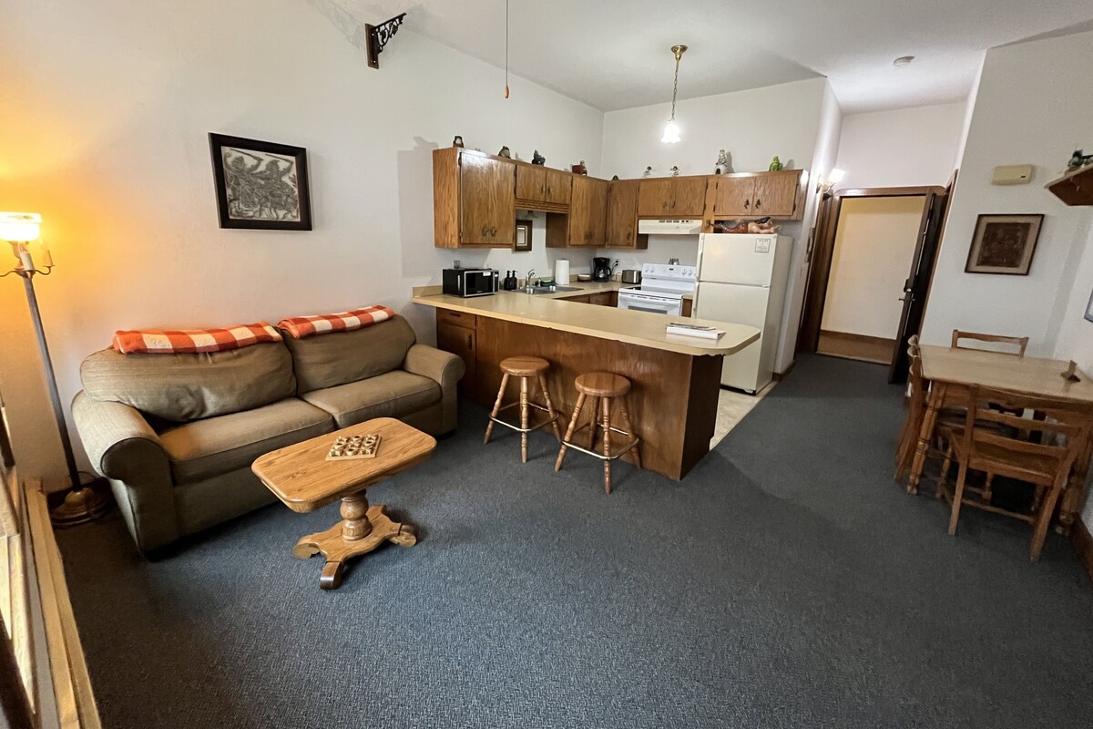 A compact living space with a kitchenette, a sofa, a coffee table, and a dining area.