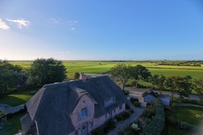 A large house with a thatched roof, surrounded by green fields and trees.