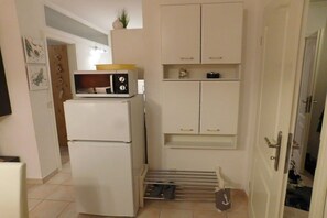 A compact kitchen with a refrigerator, microwave, and cabinets. - Holiday apartment in Damp with swimming pool (Damp)