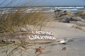 A beach with a wooden sign that reads 'Camping Walkyrien' and a starfish on the sand. - Beach house "Admiral" (Neustadt OT Bliesdorf-Strand)