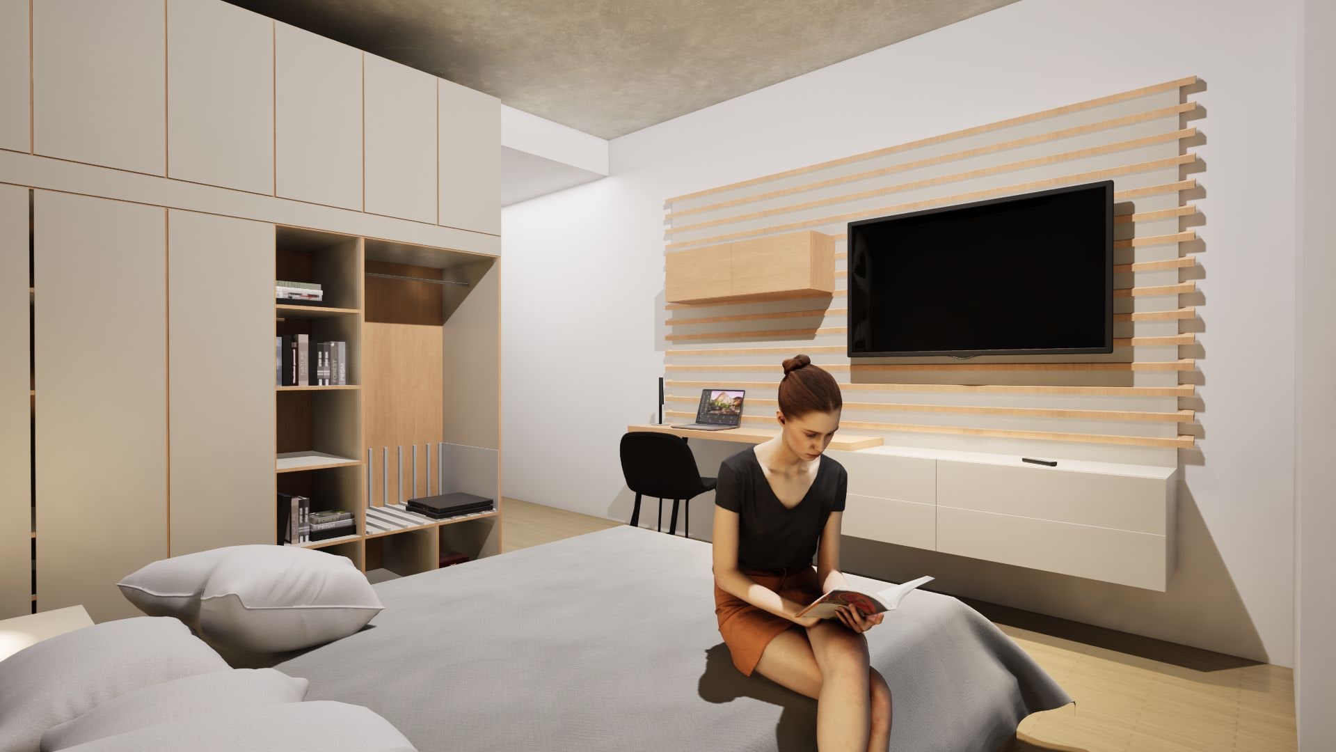 A modern bedroom with a bed, a TV mounted on the wall, and a built-in wardrobe.
