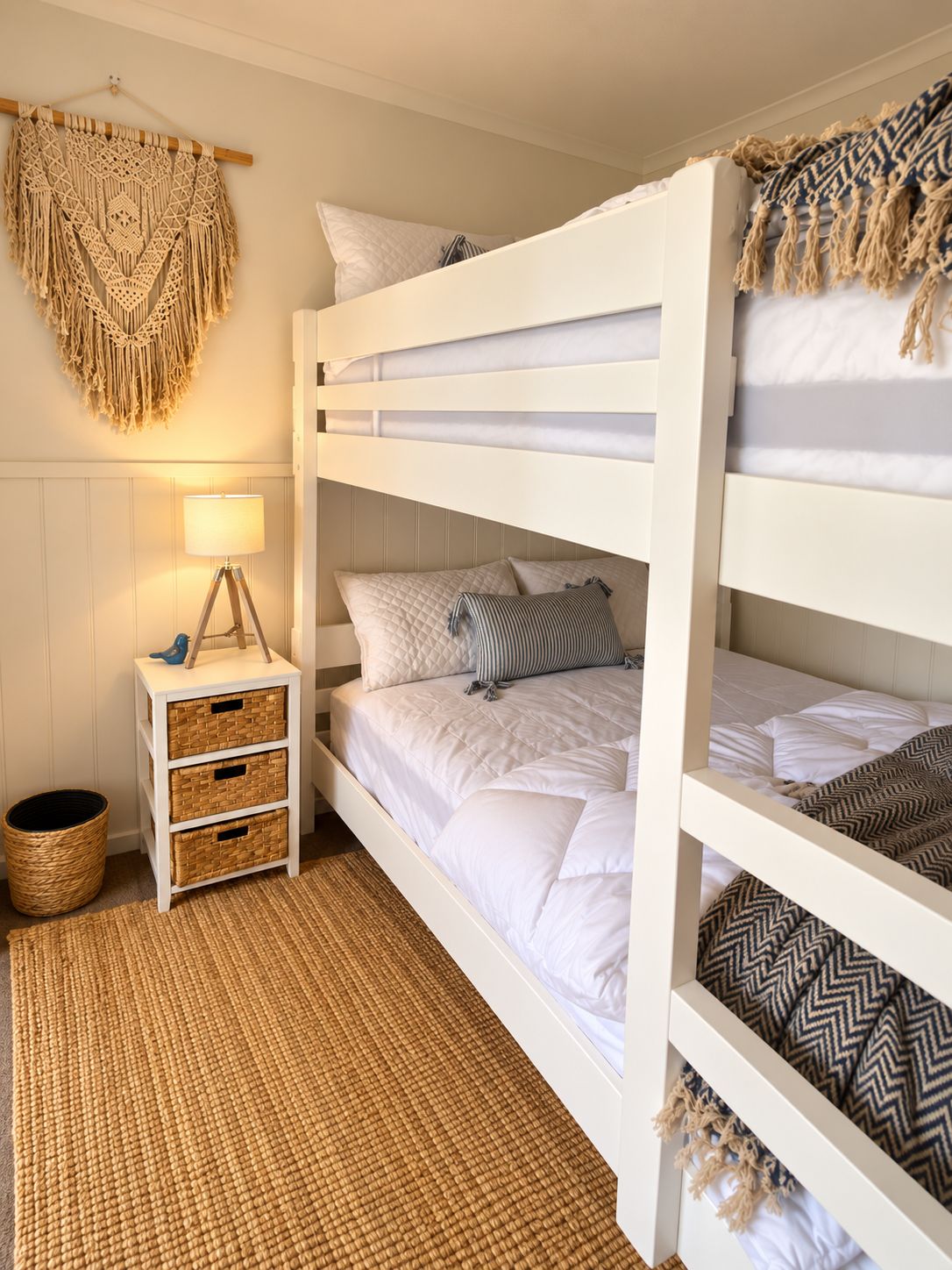 Dormitorio con literas, un colgador de macramé en la pared, una lámpara de noche y un mueble de almacenamiento de mimbre.