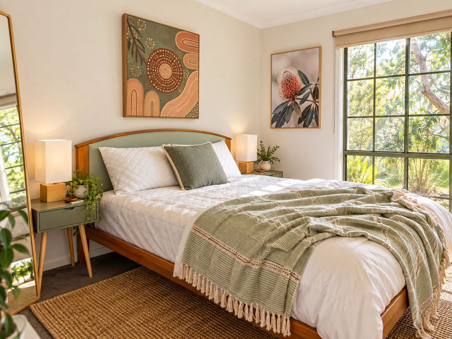 A bedroom with a bed, bedside tables, lamps, a window with a view, and wall art.