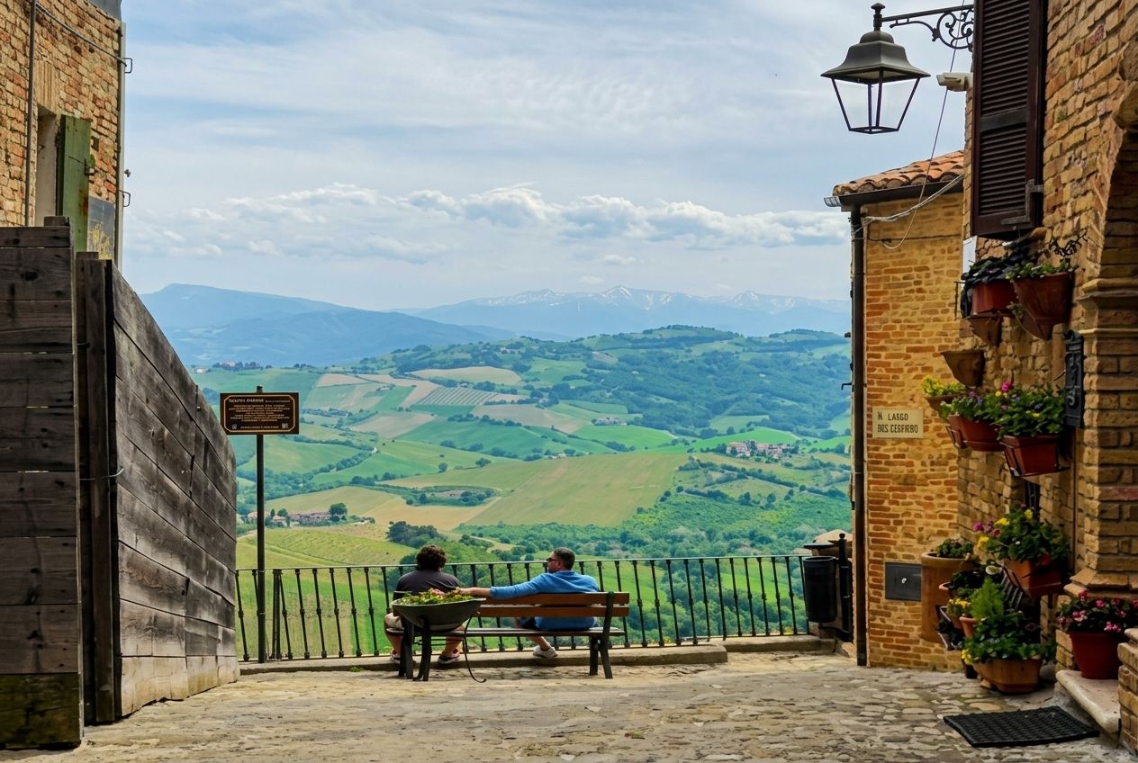 Un banc placé face à un paysage pittoresque, avec des collines et des montagnes à perte de vue.