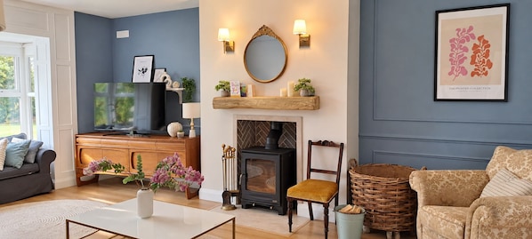 A living room with a fireplace, a television, and a sofa. - Country Retreat at Winnie's Lodge, Kells (Kells)