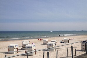 A beach with rows of numbered beach chairs and a wooden walkway. - Holiday apartment with 2 bedrooms (Scharbeutz)